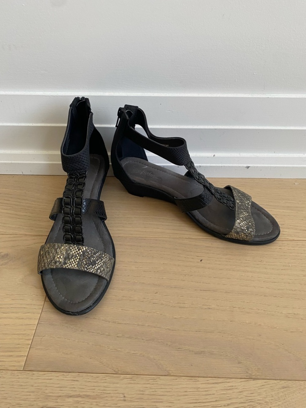 Women's Black Sandals with Metallic Snake-Print Strap